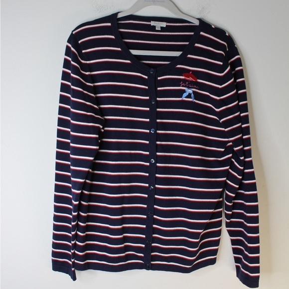 Talbots Sweaters - Talbots Large Navy Striped Cardigan - Je T’aime French Inspired